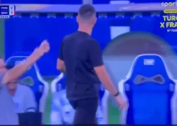 Técnico de equipamentos do FC Porto com gesto obsceno para o banco do Benfica após golo de Froholdt